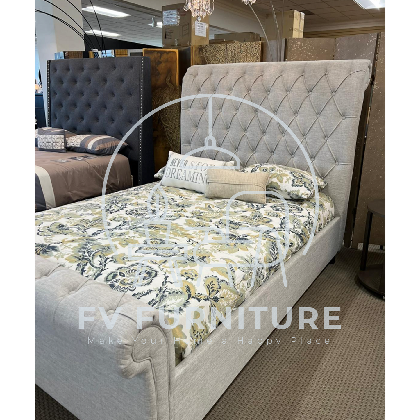 Button Tufted Linen Platform Bed Frame