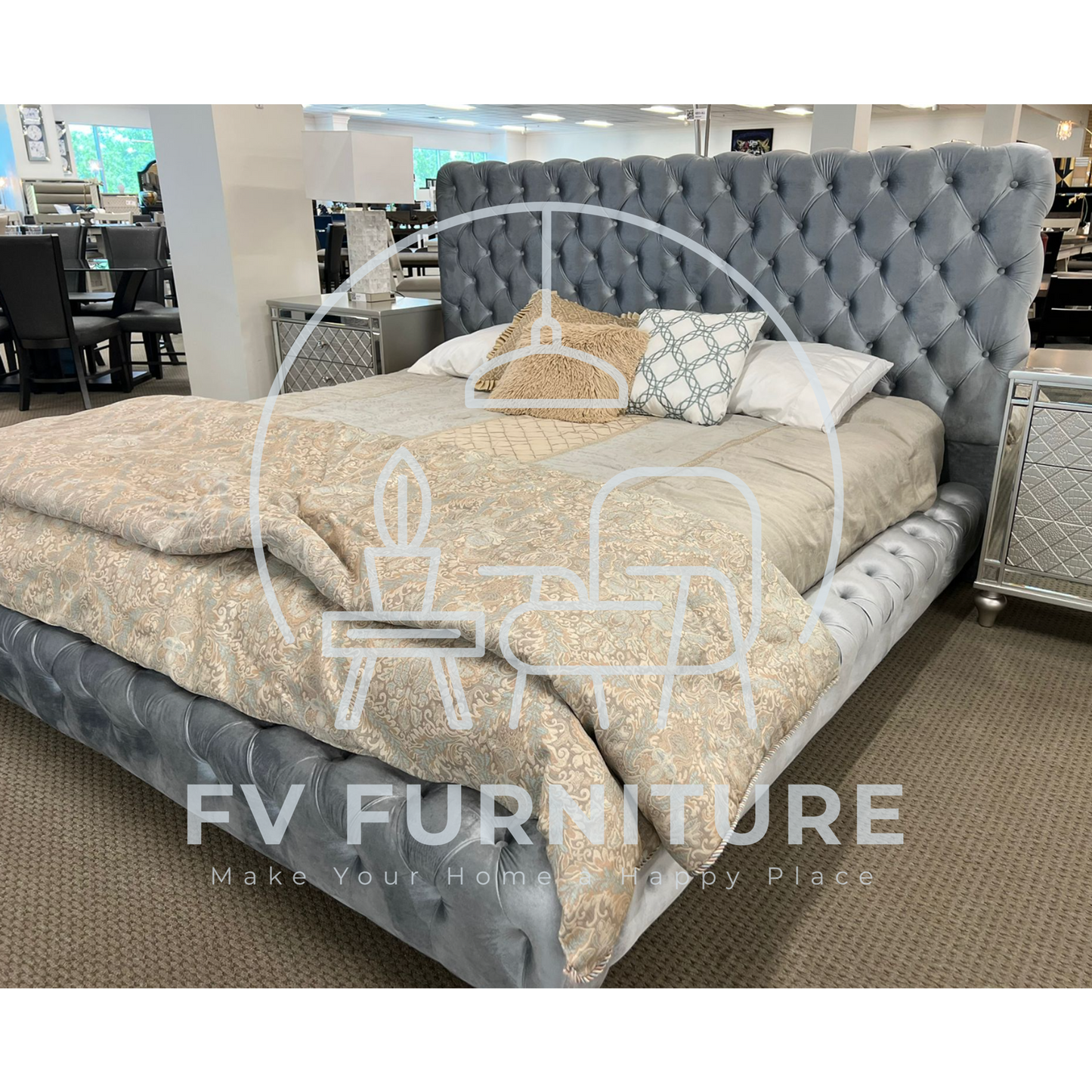 Dream Grey Velvet Tufted Bed Frame