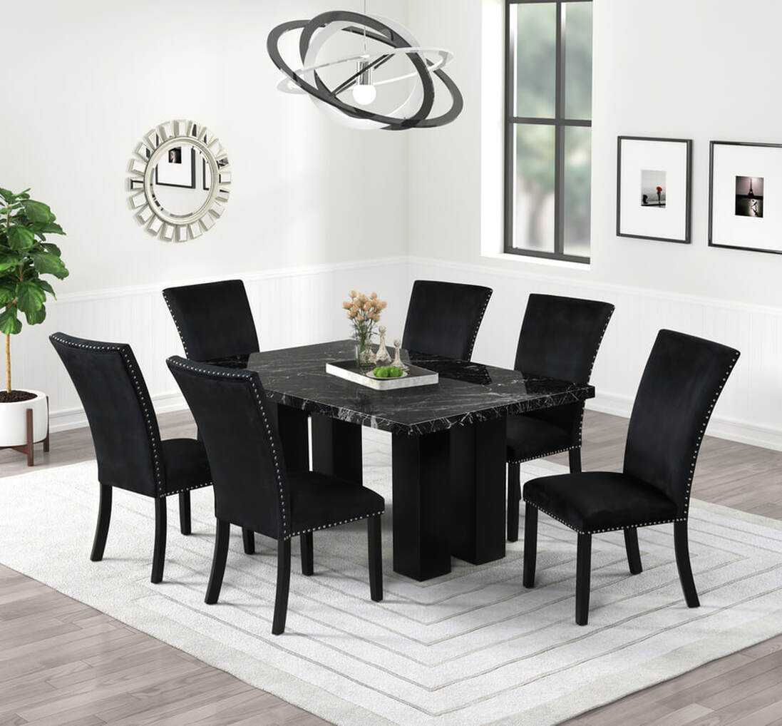 1220 Onyx - (FAUX MARBLE ) Black 7pcse Dining Set