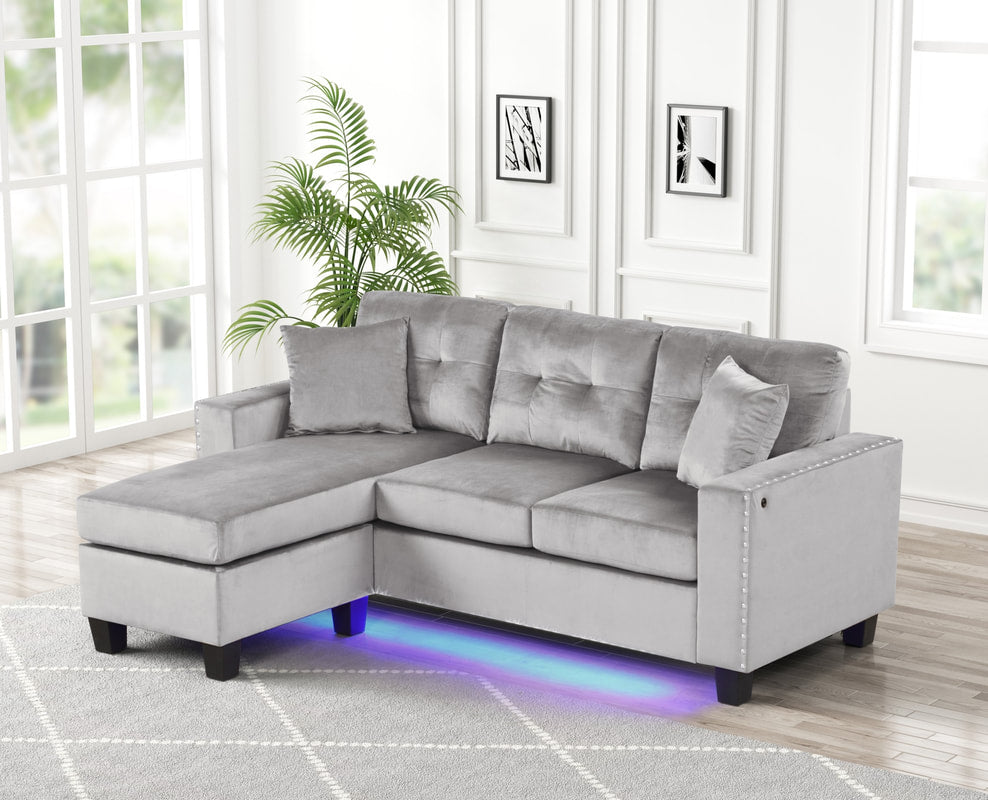 Messi Grey Velvet Sectional with LED lights