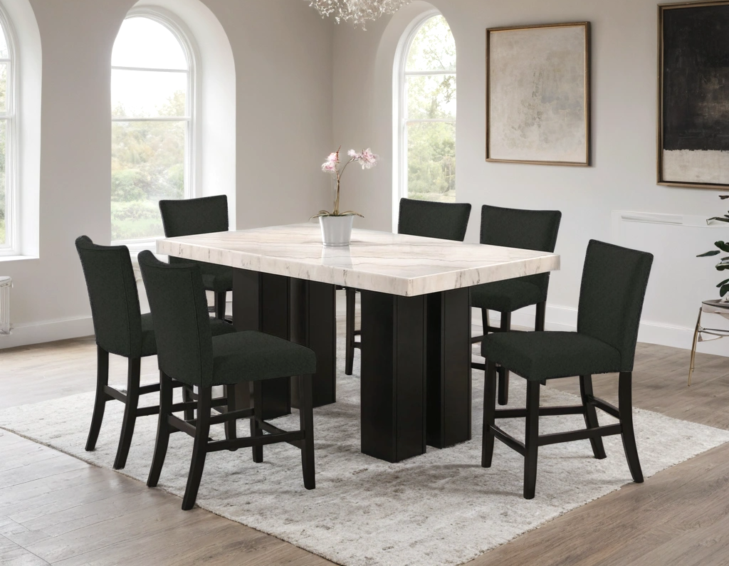 Finley20 Black Genuine Marble Top Counter Height  7pcs Dining Set