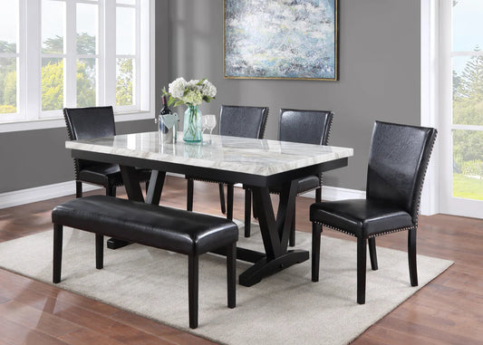 6pcs Tanner White & Black Faux Marble Dining Set