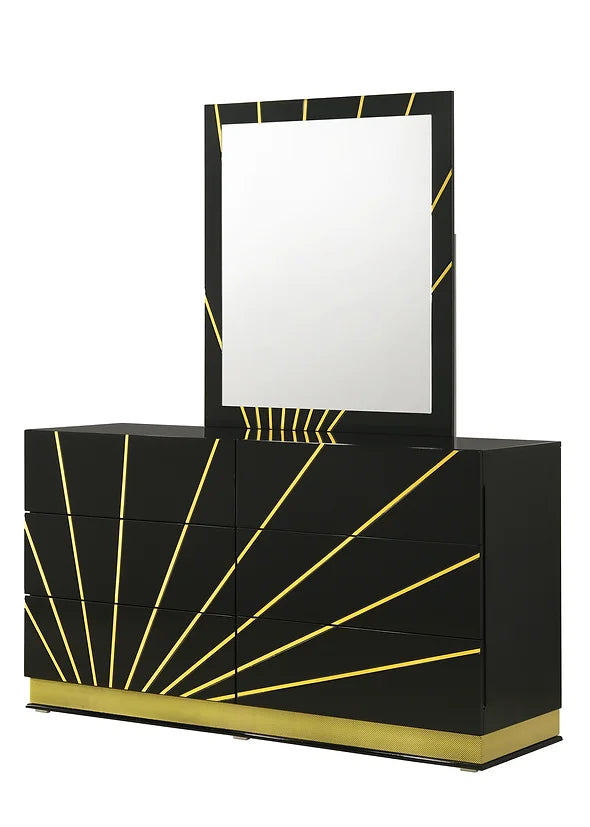 4pcs Zenia Black & Gold Finish Highgloss LED Bedroom Set
