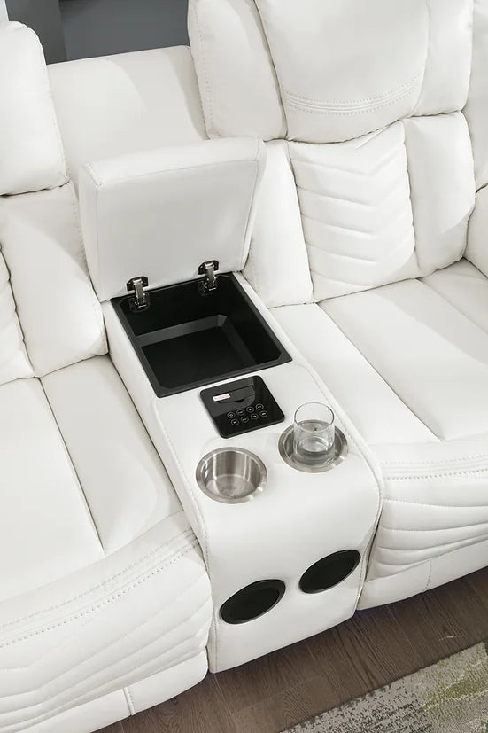 3pcs Lucky Charm White Leather Speaker LED Reclining Sofa Set