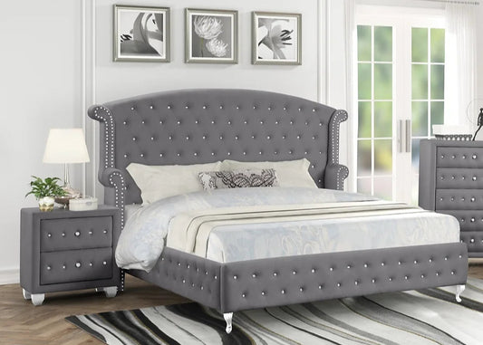 Olivia Grey Velvet Tufted King Bed Frame