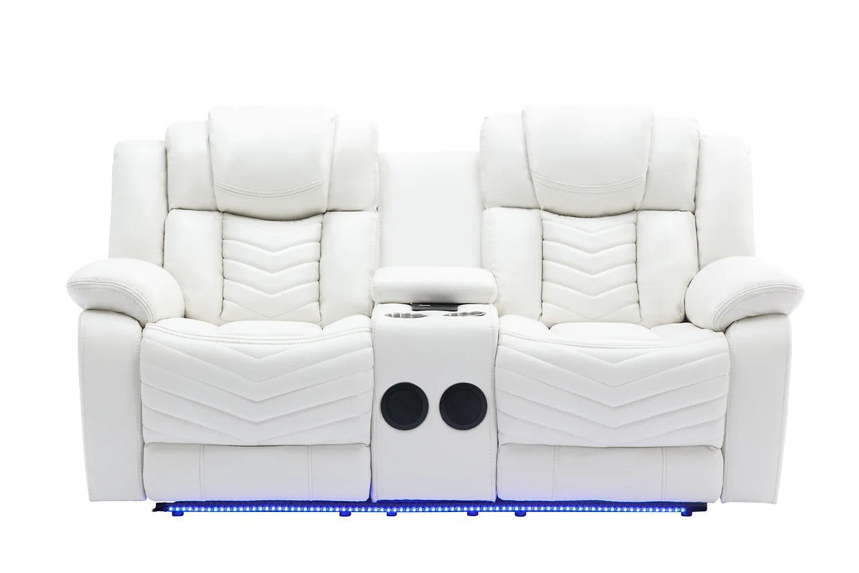 3pcs Lucky Charm White Leather Speaker LED Reclining Sofa Set
