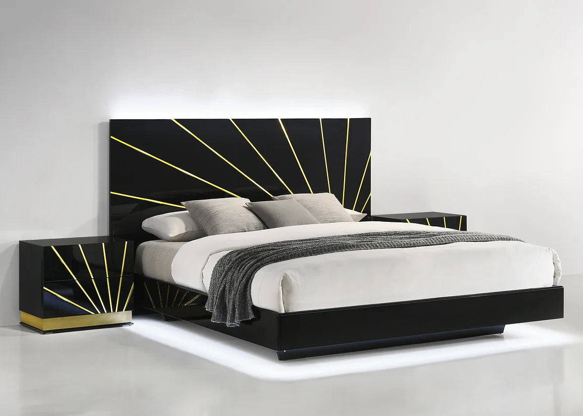 4pcs Zenia Black & Gold Finish Highgloss LED Bedroom Set
