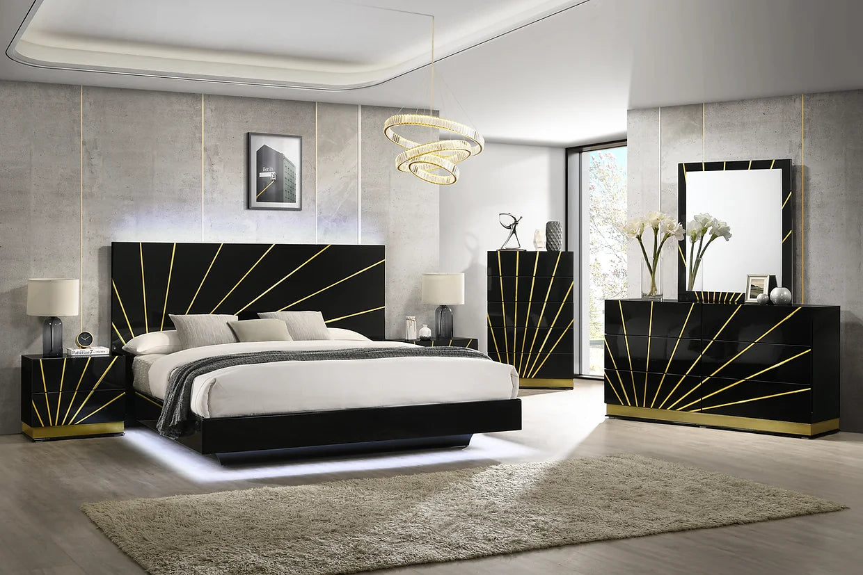 4pcs Zenia Black & Gold Finish Highgloss LED Bedroom Set