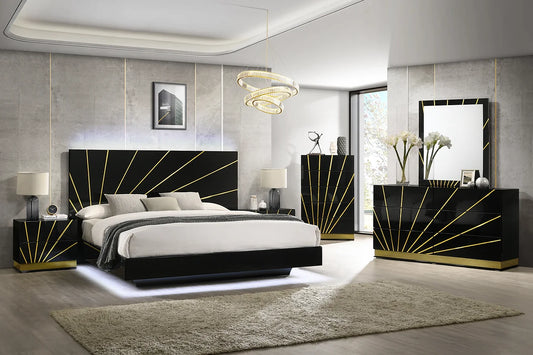 4pcs Zenia Black & Gold Finish Highgloss LED Bedroom Set