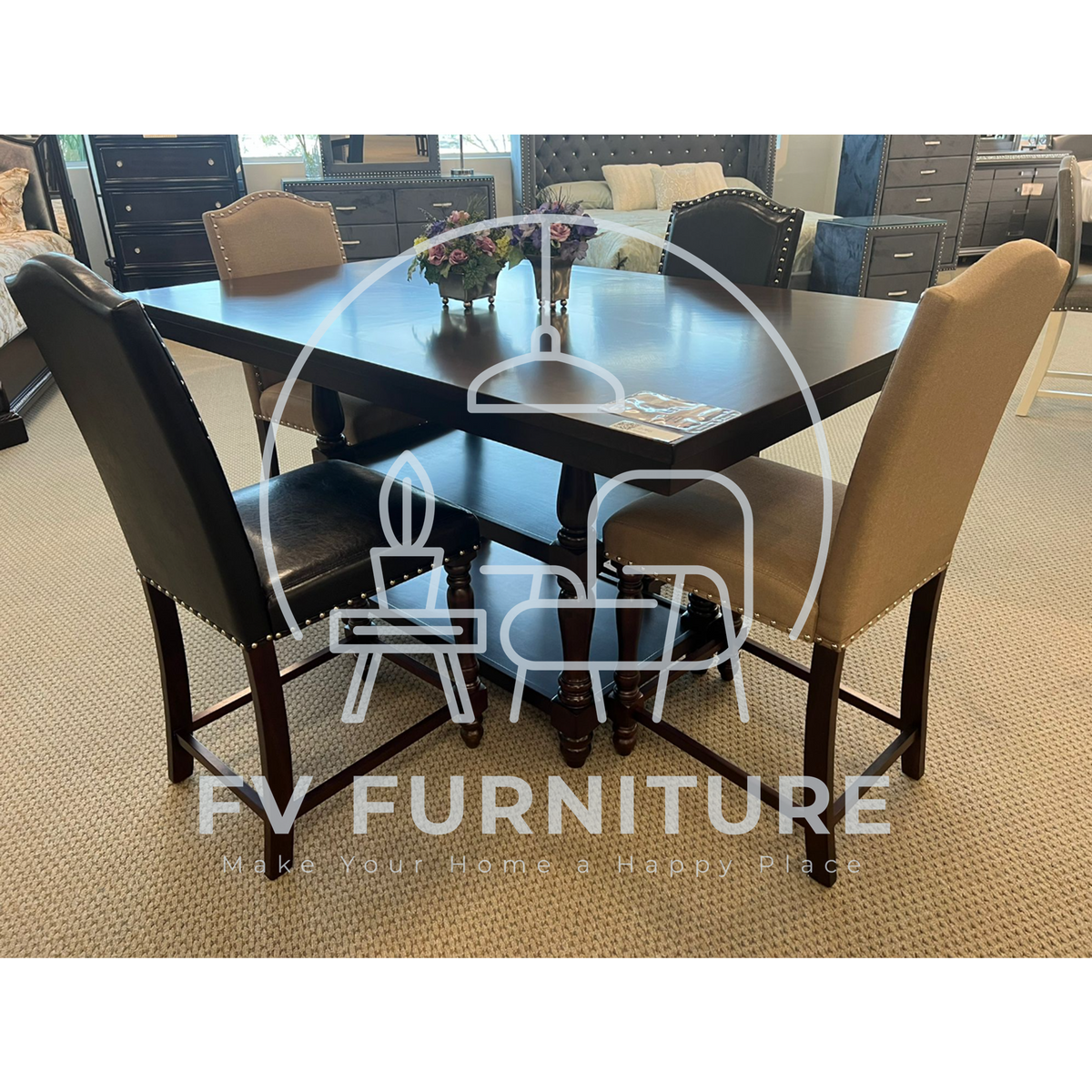 7pcs Wood & Leather Chairs Dining Set
