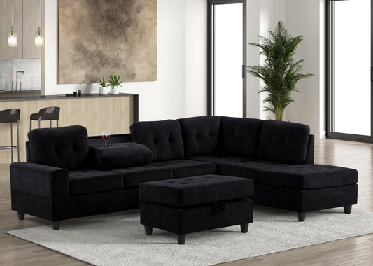 40Heights Black Reversible Sectional & Storage Ottoman