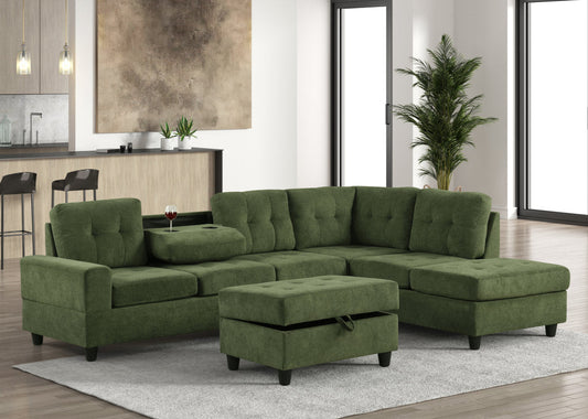 42Heights Green Reversible Sectional & Storage Ottoman