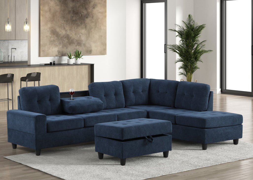 44Heights Navy Blue Reversible Sectional & Storage Ottoman