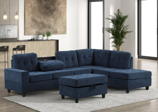 44Heights Navy Blue Reversible Sectional & Storage Ottoman