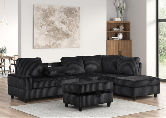 48Heights Black Fabric Reversible Sectional & Storage Ottoman