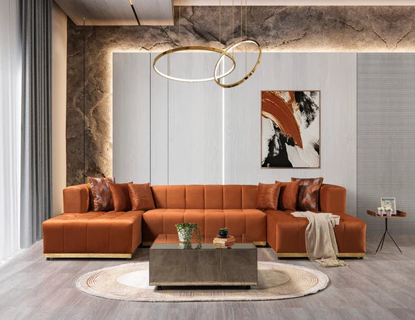 Elisha Orange Velvet Double Chaise 130" Sectional
