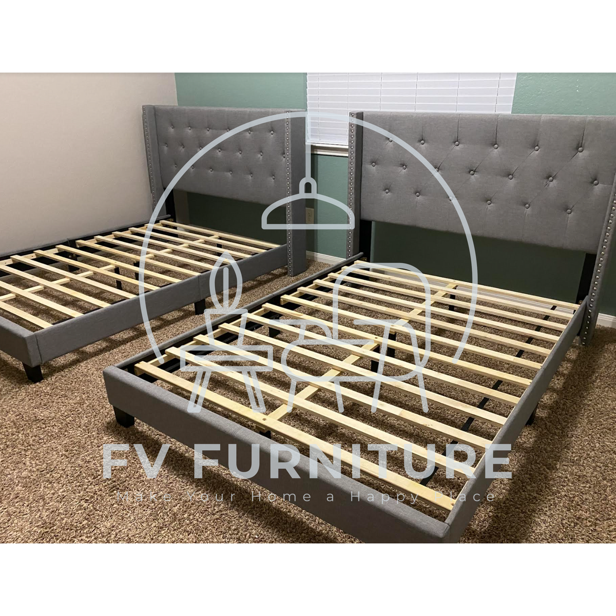 HH750 Grey Linen Platform Bed Frame