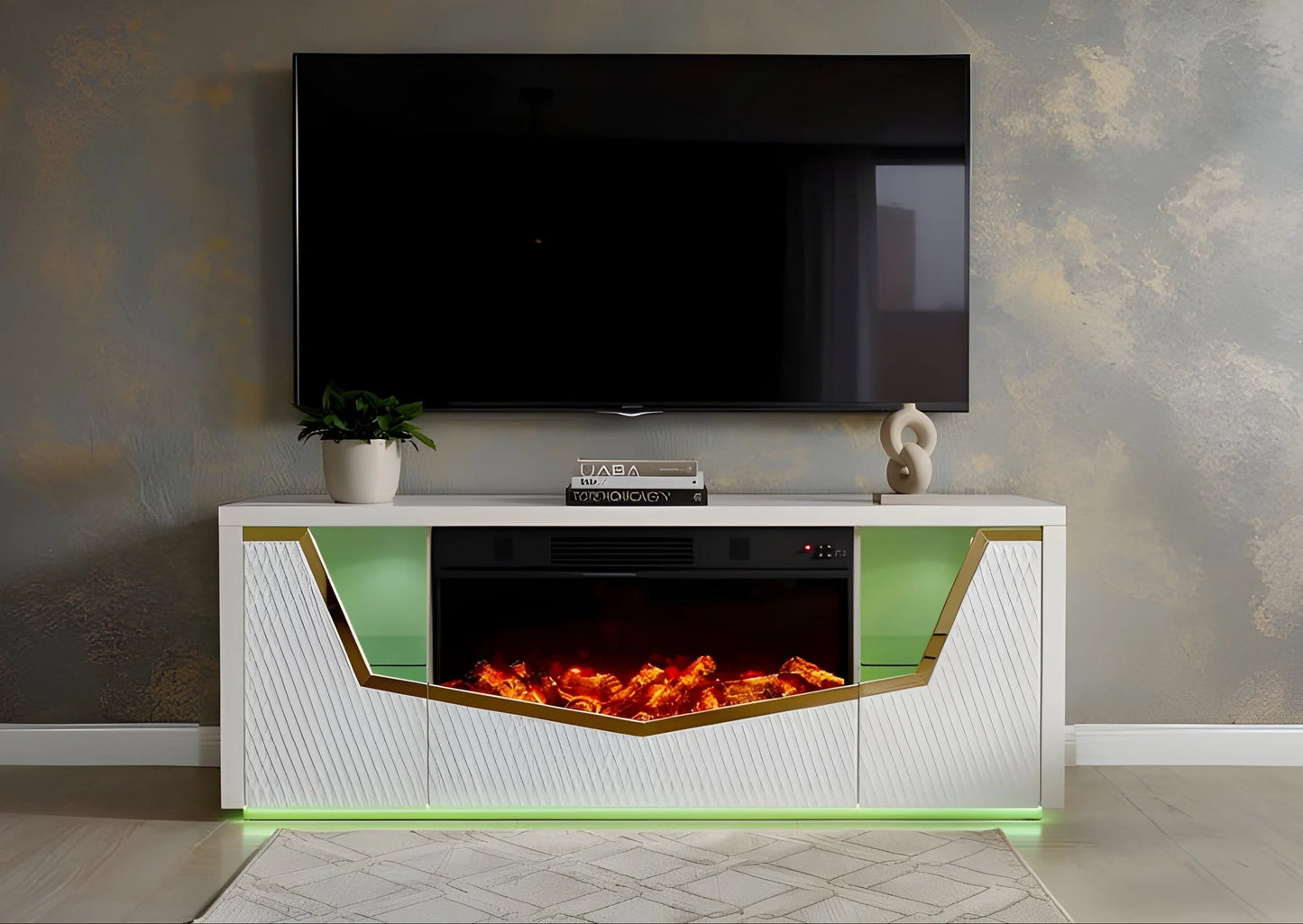 A-F11 Carmela White Tv Stand w/ Fireplace