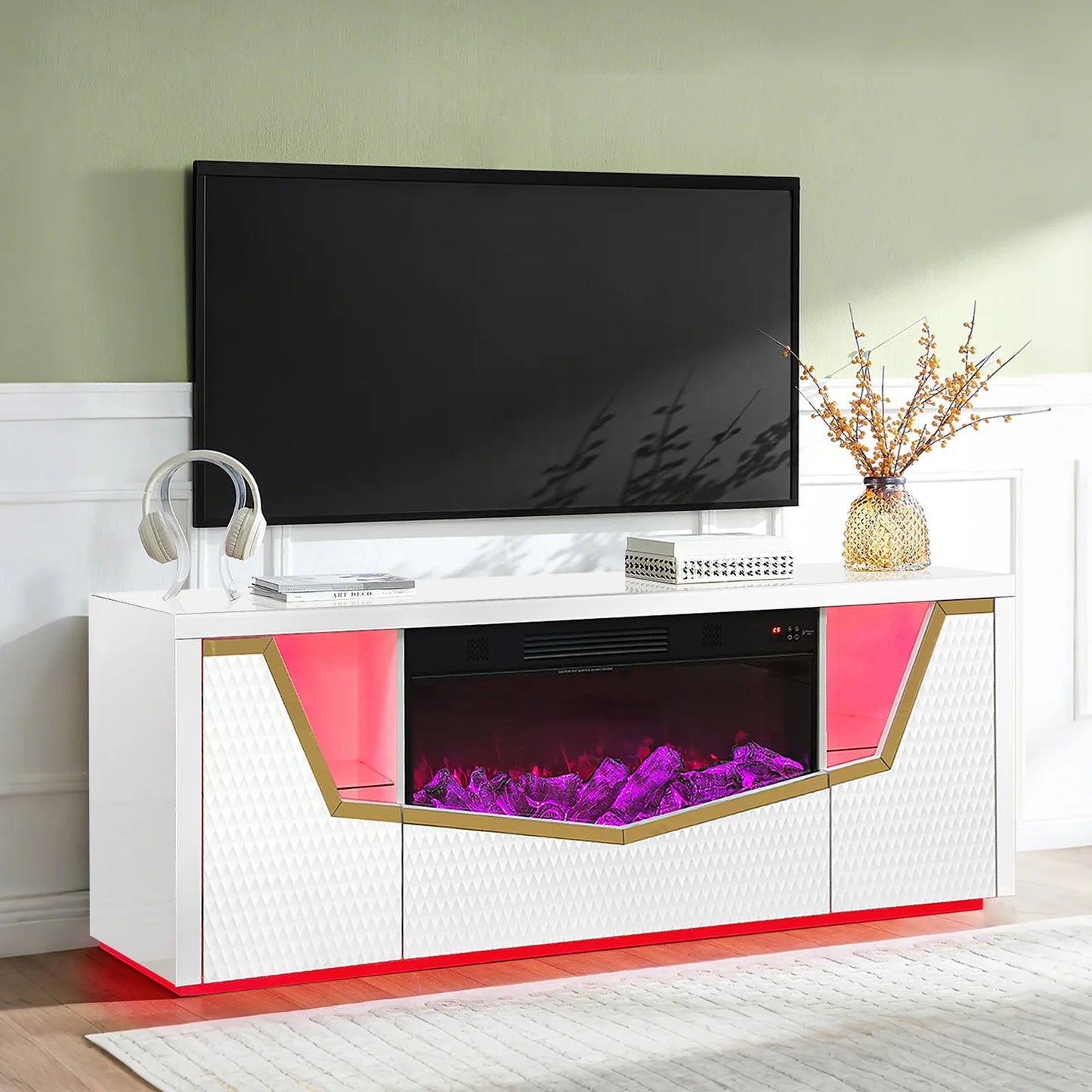 A-F11 Carmela White Tv Stand w/ Fireplace
