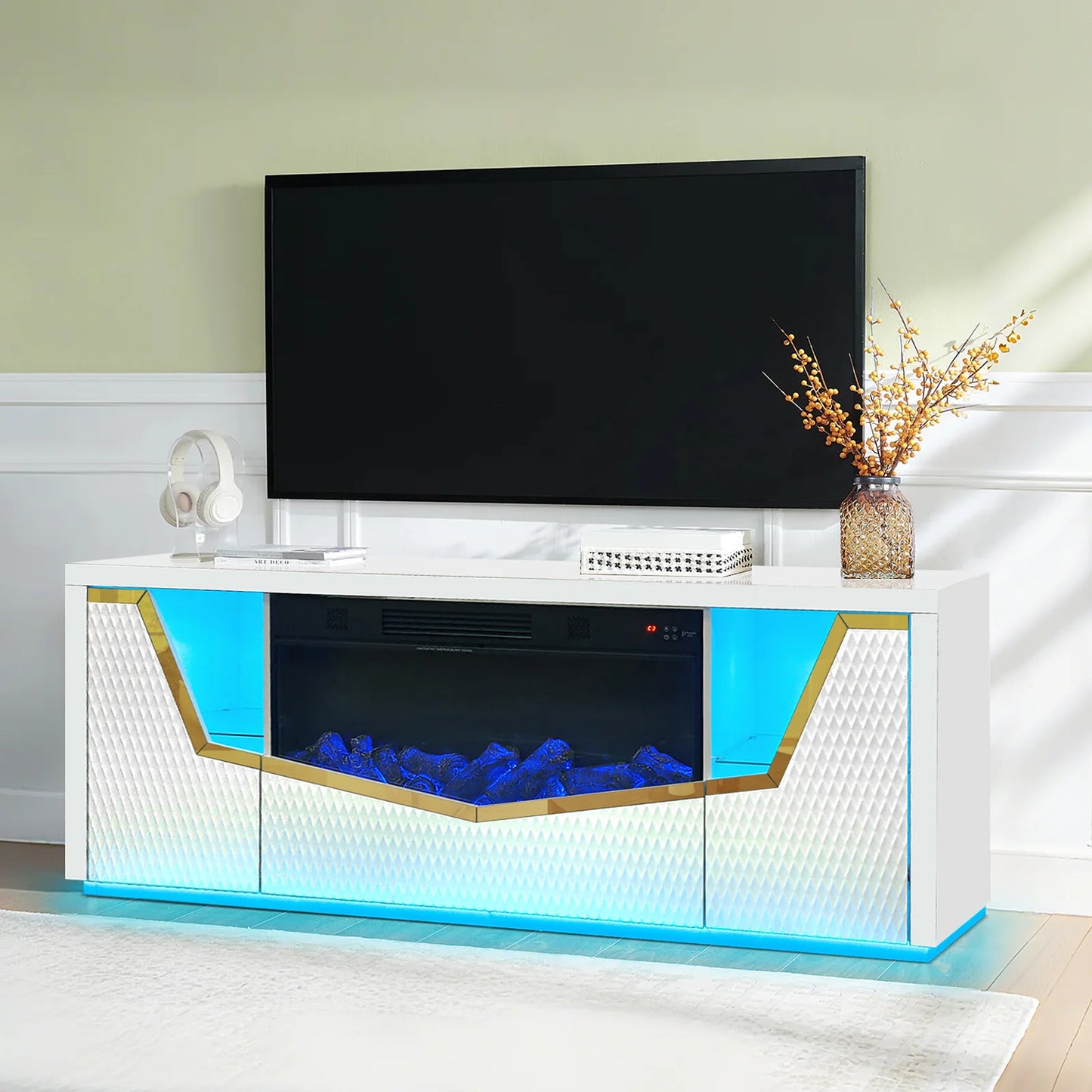 A-F11 Carmela White Tv Stand w/ Fireplace