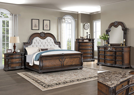 5pcs Stanley Light Brown Wood & Marble Bedroom Set