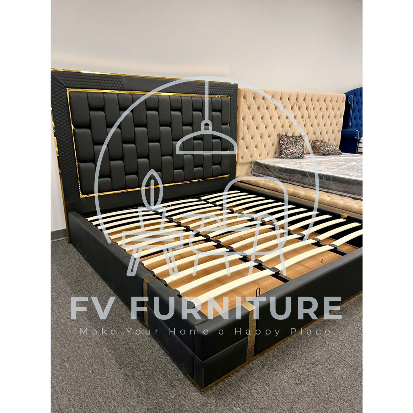 Marbella Black Leather Gold Trim Platform Bed Frame