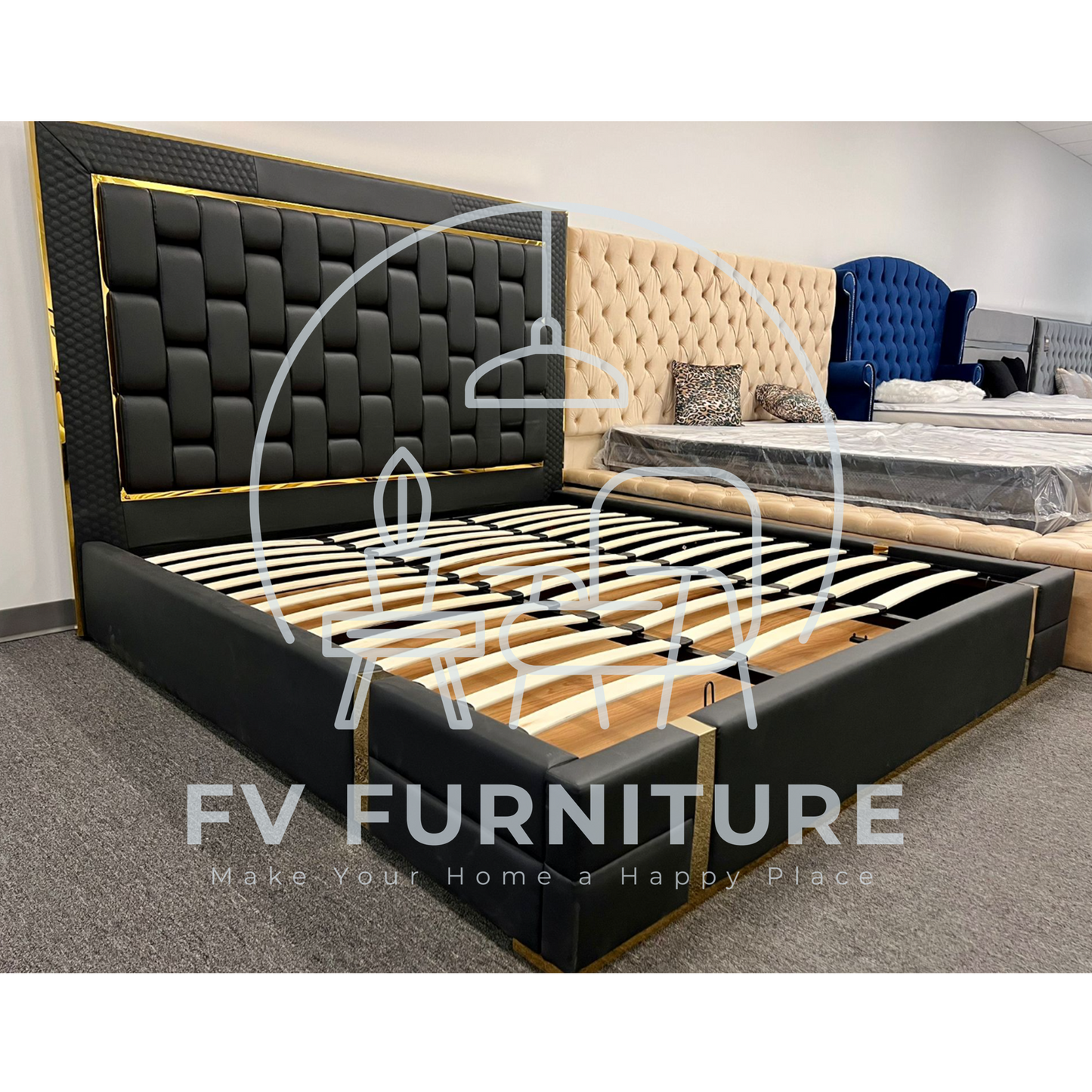Marbella Black Leather Gold Trim Platform Bed Frame