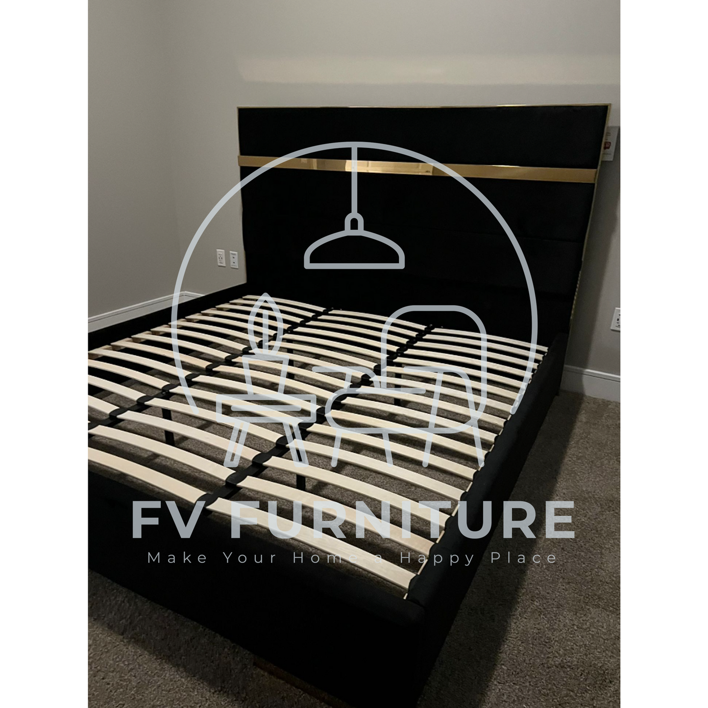Cartier Black & Gold Velvet Platform Bed Frame