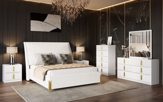 5pcs or 4pc B9060 Glamor White & Gold Velvet Bedroom Set