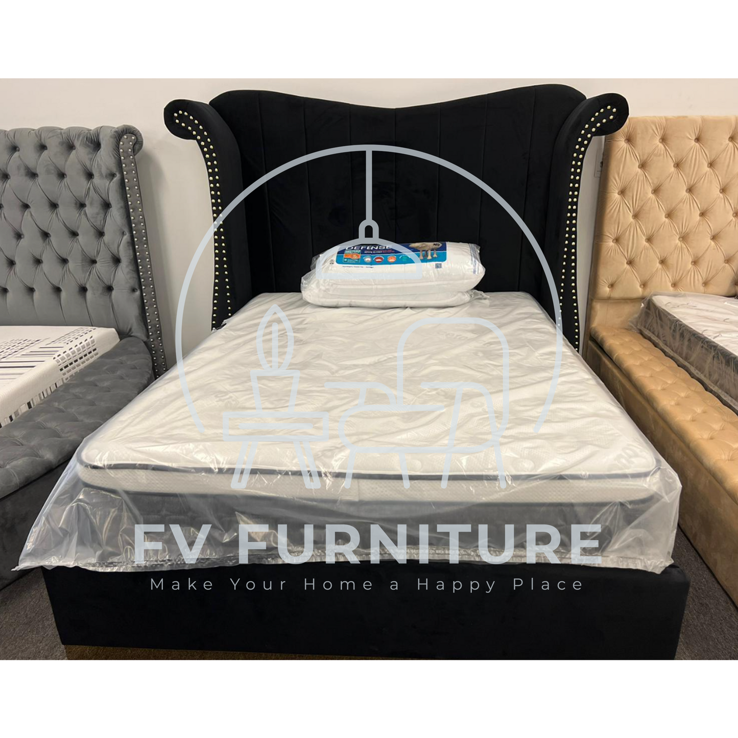 Luna Black Velvet Metal Trim Platform Bed Frame