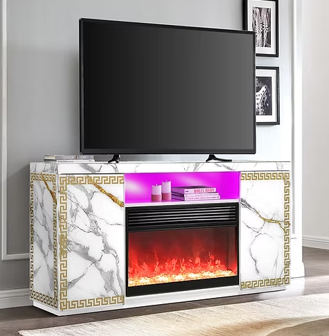 A-F04 Versa White Marble Finish TV Stand & Fireplace