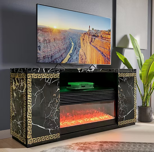 A-F04 Versa Black Marble Finish TV Stand & Fireplace