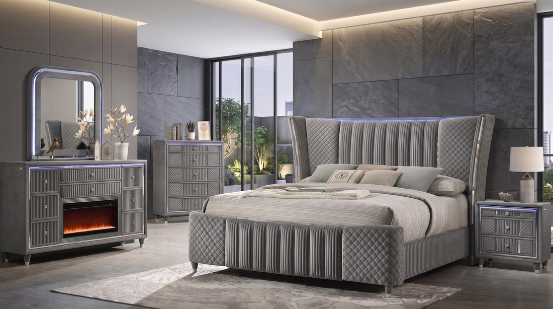 Cleopatra Grey 4PC OR 5PC Set Bedroom Set