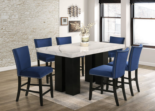 Finley Blue Genuine Marble Counter Height Table & 6 Chairs