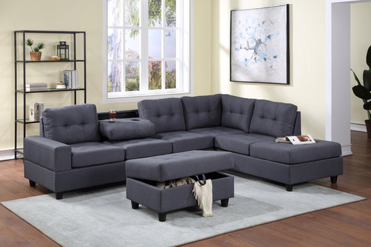 Heights Grey Linen Reversible Sectional & Storage Ottoman Set
