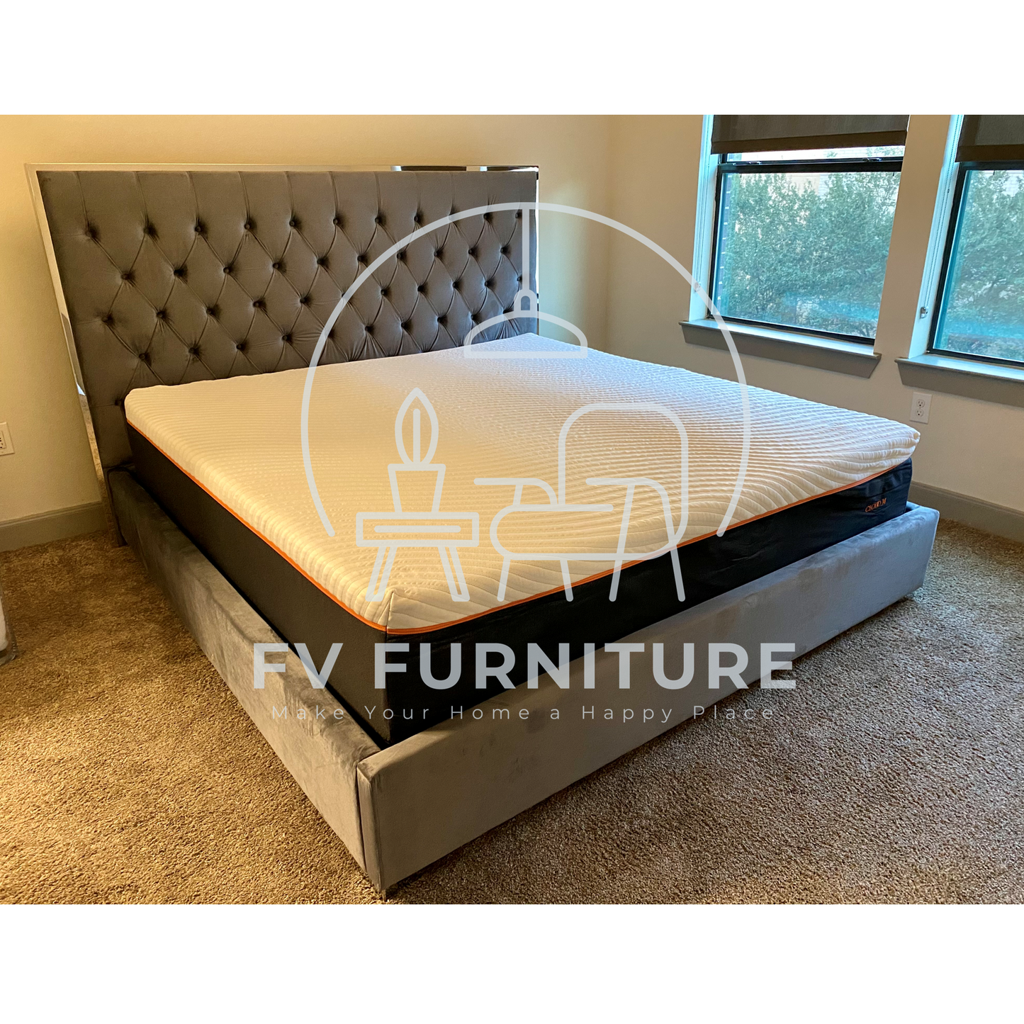 Rose Grey Velvet Silver Trim Platform Bed Frame