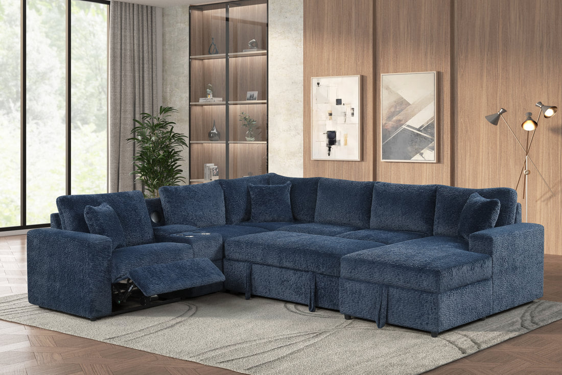 Hunter Blue Sectional W/ Bluetooth Speaker & Pull-Out Bed