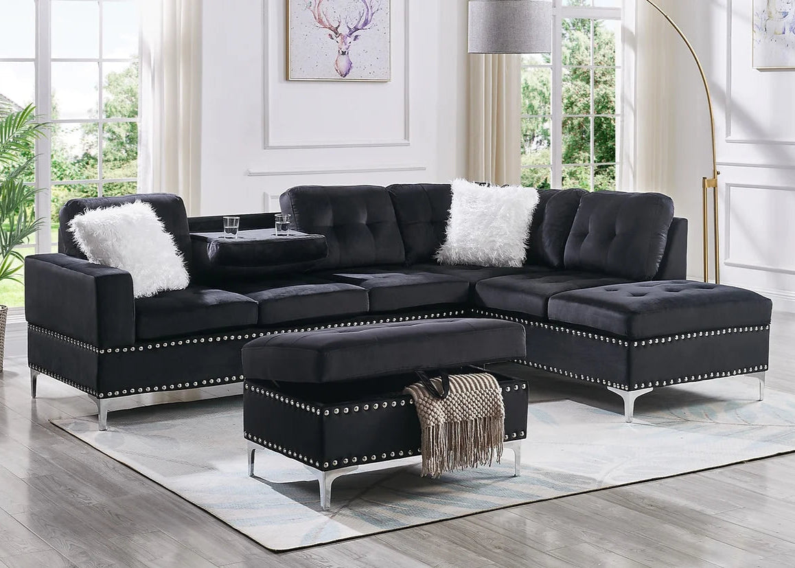 S123 Joy Black Velvet Nailhead Trim Sectional & Ottoman