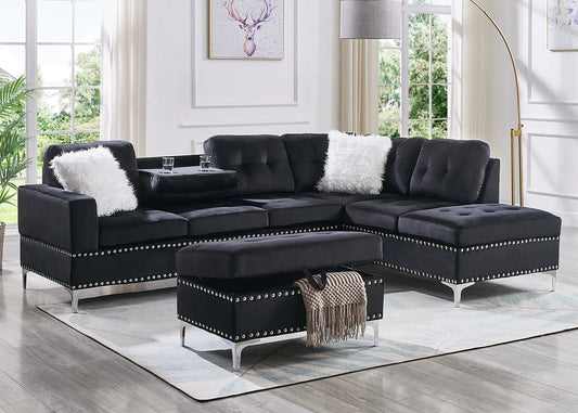 S123 Joy Black Velvet Nailhead Trim Sectional & Ottoman