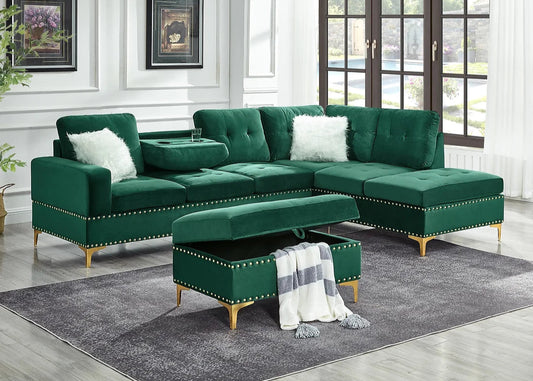 Joy Green Velvet Nailhead Trim Sectional & Ottoman