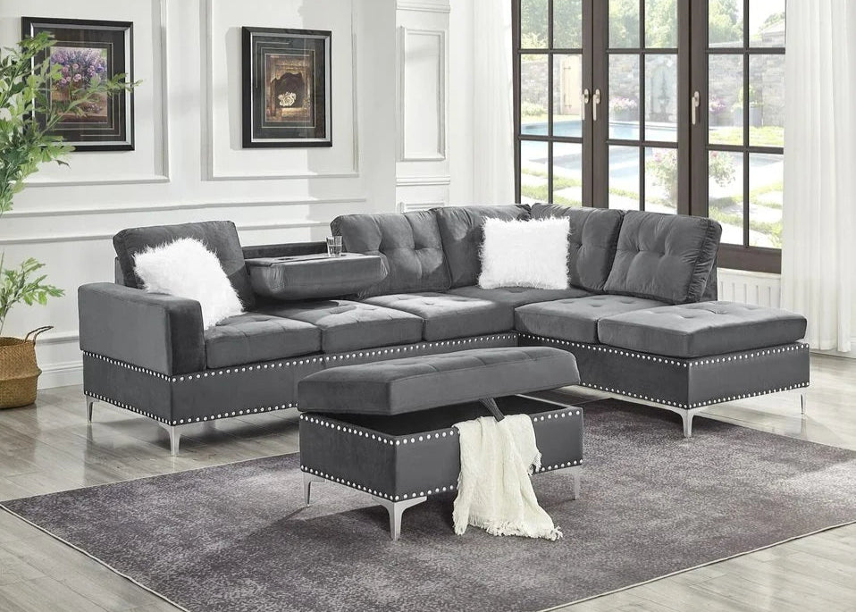 Joy Grey Velvet Nailhead Trim Sectional & Ottoman