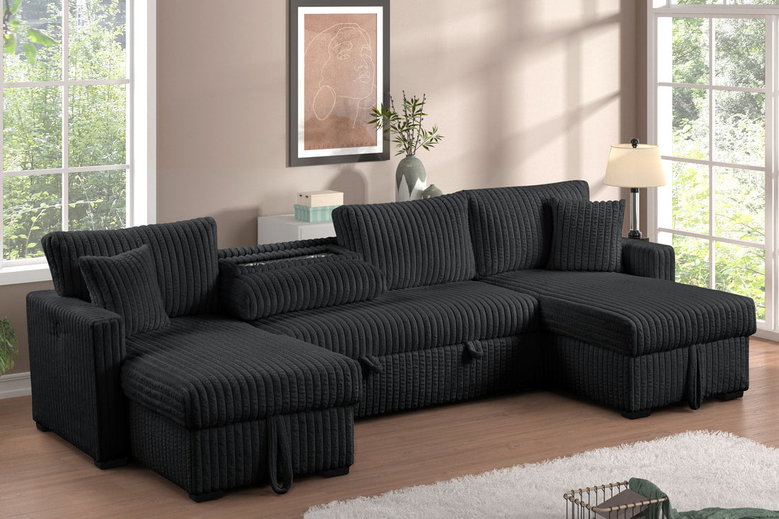 July Black Double Storage Chaise Sectional w/ Pull Out Bed