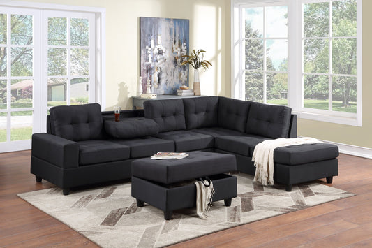 Heights Black Linen Reversible Sectional & Storage Ottoman Set