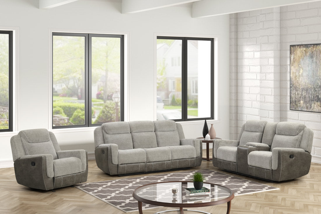 3pcs Lisa Two Tone Grey Fabric Reclining Sofa Set