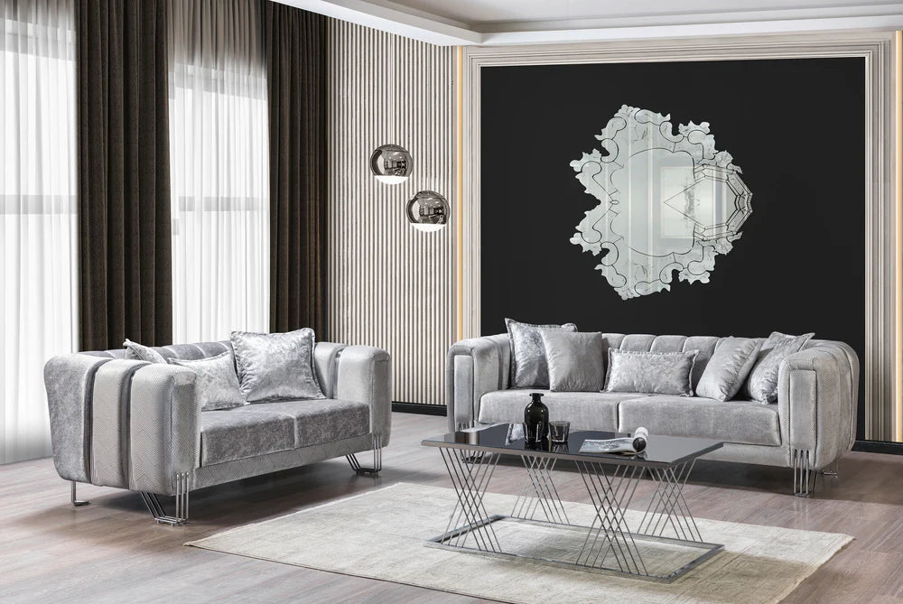 Silver Velvet Sofa & Loveseat