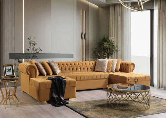 Lauren Mustard Velvet Tufted Double Chaise Sectional