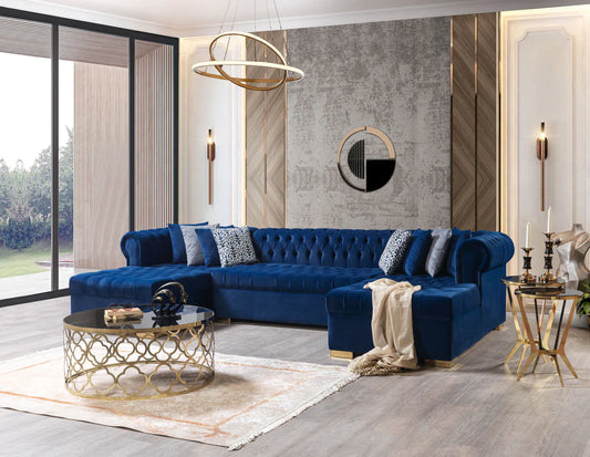 Lauren Navy Velvet Tufted Double Chaise Sectional