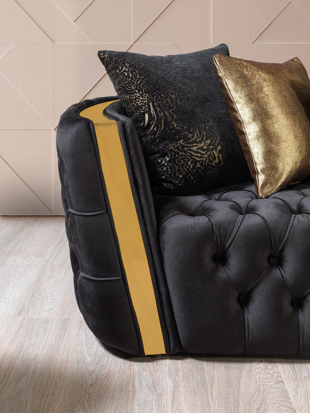 Elegant Tufted Black & Gold Velvet Sofa & Loveseat