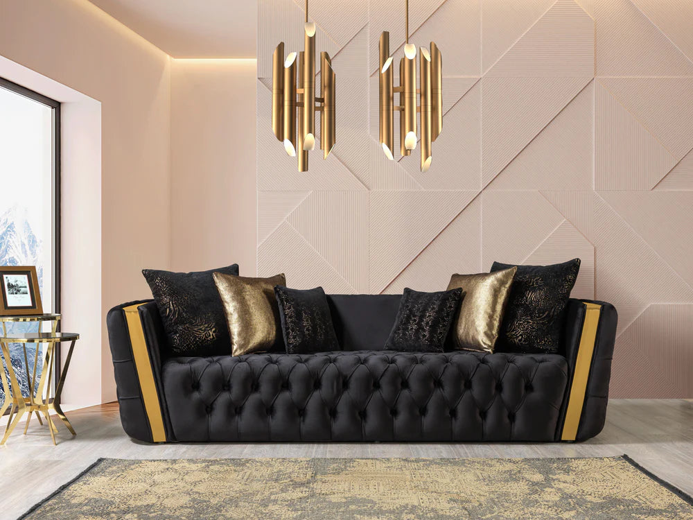 Elegant Tufted Black & Gold Velvet Sofa & Loveseat