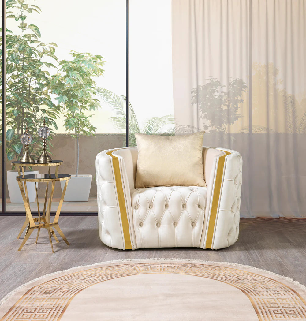 Elegant Tufted Ivory & Gold Velvet Sofa & Loveseat